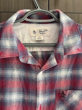 Original Penguin Munsingwear Men's L Flannel Shirt Plaid Red White Blue